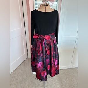 Eliza J Black and Floral Dress with sash belt